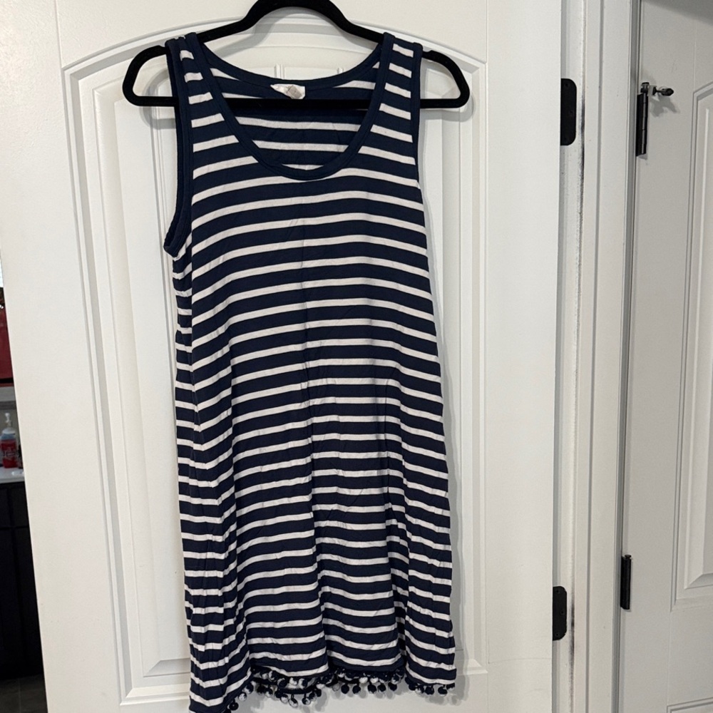 LOFT Navy and White Striped Tank Dress with Pom Trim